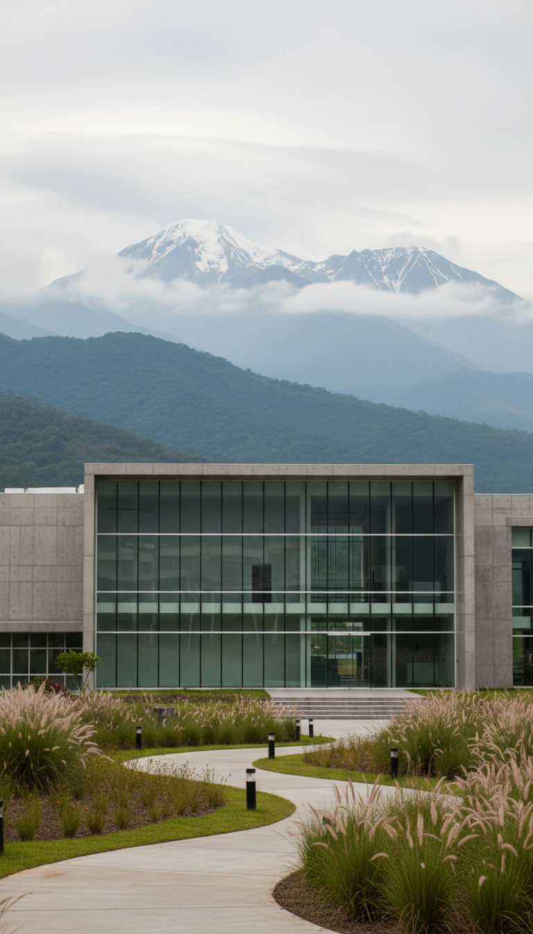 A sleek glass and concrete modern research building standing at the foothills of a verdant mountain range, with the iconic Sierra Nevada de Santa Marta peaks in the distant background, partially shrouded by drifting mist. The foreground features an immaculately landscaped path lined with ornamental grasses and subtle lighting fixtures. Soft overcast daylight illuminates the scene, casting gentle shadows, while the overall composition is balanced and uncluttered. Shot from an eye-level perspective with sharp detail, the mood is professional, calm, and aspirational, exuding a sense of academic rigor and connection to the natural environment. The aesthetic is photographic realism with clean lines and a refined, corporate tone.