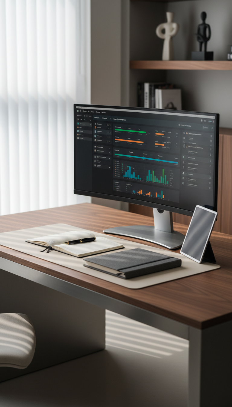 An organized, minimalist workspace featuring a large, brushed steel and walnut desk with a high-resolution monitor displaying a structured dashboard of research progress and project milestones. Artfully arranged artifacts like an open notebook, a closed portfolio binder, and a slim digital tablet add visual interest atop a matte neutral-toned surface. The setting is a sunlit office, with soft daylight streaming through translucent blinds, creating diffused highlights across the workspace. Framed at a three-quarter angle, the composition uses rule of thirds, emphasizing order and focus. The mood is efficient, purposeful, and forward-looking, suited to a cutting-edge educational research environment. The image reflects photographic realism with a modern, structured aesthetic.